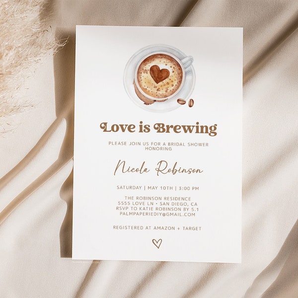 Coffee Bridal Shower Invitation, Love is Brewing, Editable Template, Digital Download Invites, Brunch, Templett