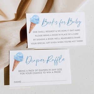 Ice Cream Baby Shower Boy, Diaper Raffle and Books for baby Insert, Here&#39;s the Scoop, Book Request, Editable Template, Blue, Templett