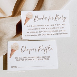 May include: Two white cards with brown text and a watercolor illustration of an ice cream cone. The top card says "Books for Baby" and asks guests to bring a book instead of a card. The bottom card says "Diaper Raffle" and asks guests to bring a pack of diapers for a chance to win a prize.