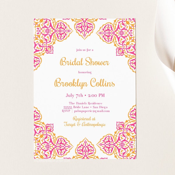 Moroccan Bridal Shower Invitation, Mandala, Indian Bollywood Invite, Instant Download, editable template, Boho, Elephant, Templett