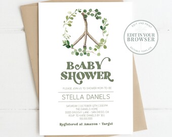 Hippie Baby Shower Invitation, Boho, Instant Download, Bohemian Woodstock Invite, 1960s, Gender Neutral Invitation, Greenery, Templett