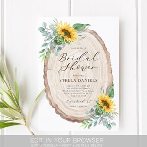 Invitation de douche nuptiale de tournesol, rustique, modèle de téléchargement immédiat, tranche de bois, Templett