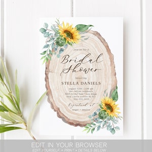 Sunflower bridal shower Invitation, Rustic, Instant Download Template, Wood Slice, Templett