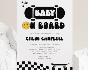 Skateboard Baby Shower Invitation, Baby on Board, Checkered, Invite Template for Boy, Digital Download