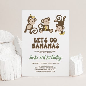 Monkey Theme Birthday Invitation, Template, Lets go bananas invite, Bday Party, Boy Girl, Digital Download, Templett