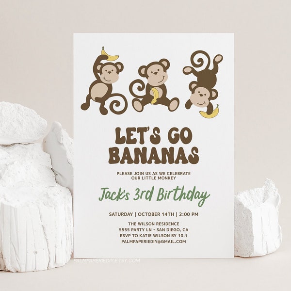 Monkey Theme Birthday Invitation, Template, Lets go bananas invite, Bday Party, Boy Girl, Digital Download, Templett