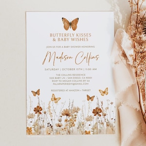 Fall Butterfly Baby Shower Invitation, Butterfly Kisses Baby Wishes, Neutral Invites, Editable Template, l3