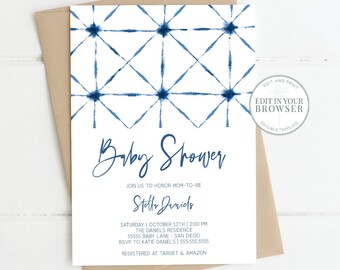 Indigo Baby Shower Invitation,  Shibori Invite, Instant download, Blue Tie Dye, Printable Template, Templett