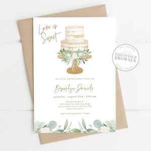 Love is Sweet Bridal Shower Invitation, Cake, Floral Greenery Bridal Brunch Invite,  Digital Download, Printable Templett