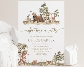 Woodland Baby Shower Invitation, Forest Animals, Adventure Awaits Invites, Digital Download Template, Gender Neutral, Boy, Templett