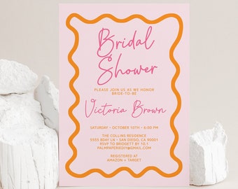 Wavey Bridal Shower Invitation, Modern Retro Invites, Editable Template, Summer, Wavy Squiggle, Pink Orange, Fun, Editable Templett