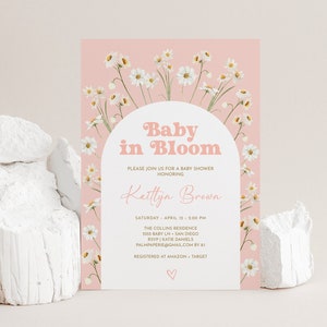 Daisy Baby Shower Einladung, Baby in Bloom Frühling lädt ein, Boho für Mädchen, bearbeitbare Vorlage, digitaler Download, Templett
