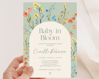 Spring Baby Shower Invitation, Baby in Bloom, Template, Wildflower Invites, Digital Download, Gender Neutral, Girl Boy, Editable, Templett