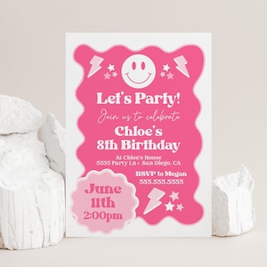 Girl Birthday Invitation Template, Retro Invite, Preppy Smile Theme, 8th, 10th, Kid Teen, Digital Download, Templett