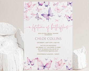 Butterfly Bridal Shower Invitation, A lifetime of Butterflies, Pink & Purple Design (Digital Download)