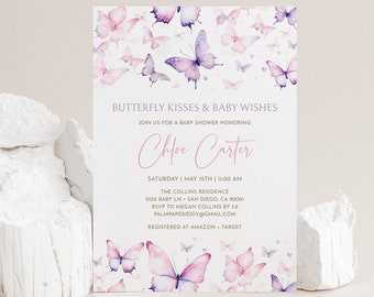Butterfly Baby Shower Invitation: Girl Invite, Pink Purple (Digital Download)