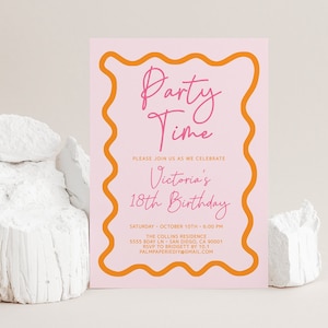 Wavey Birthday Invitation Template, Retro Invite, Modern Wavy Squiggle, Pink Orange, Adult Teen Bday, Editable Templett