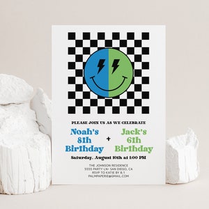 Joint Birthday Invitation for Boys, Combined Party, Happy Face Invite, Twins Siblings Brothers, Digital Download, Templett