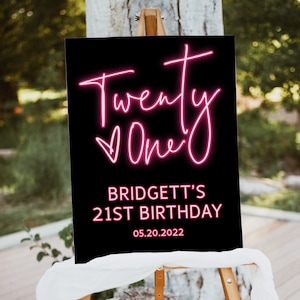 21st Birthday Welcome Sign, Neon Light, Hot Pink, Twenty One Bday Signage, Digital Download Poster, Editable Template, Templett