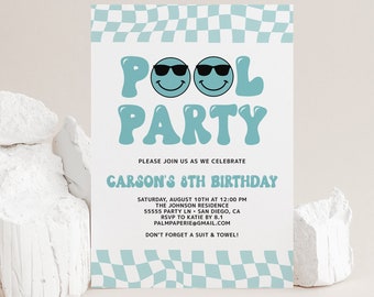 May include: A blue and white pool party invitation with a checkered background. The invitation features a cartoon smiley face with sunglasses and the text "POOL PARTY". The invitation also includes the text "Please join us as we celebrate Carson's 8th Birthday".