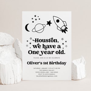 Houston We have a One year old Invitation, Outer Space Theme Birthday Invite, Boy, Digital Download, Rocket Ship, Templett