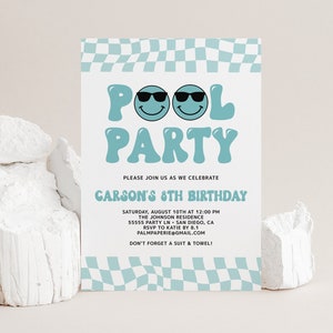 Pool Party Invitation, Birthday Invites for Boy, Summer, Digital Download Template, End of School, Kids Bday, Templett