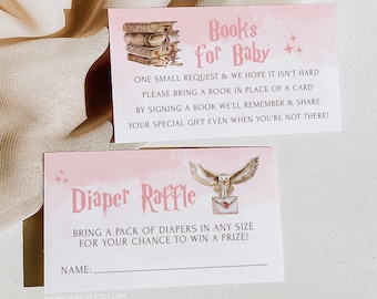 Wizard Baby Shower Girl, Diaper Raffle, Books for baby Insert, Magic School of Wizardry, Book Request Card, Editable Template, Templett w1