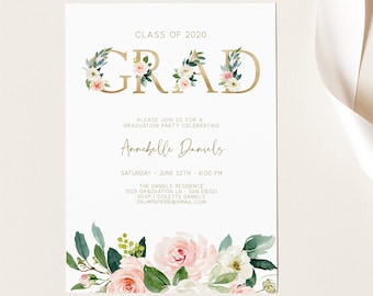 Pink Floral Graduation Party Invitation, Editable Template (Digital Download)