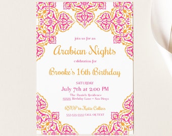 Arabian Nights Invitation, Birthday, Moroccan Invite, Instant Download editable template, Bollywood Invitations, 16th, 18th, 30th, TEMPLETT