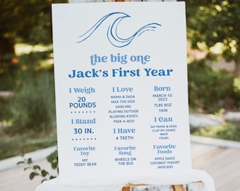 The Big One Birthday Milestone Board, Surf Theme, 1st Bday Boy, My First Year Stats, Digital Download Template, Beach Party, Templett B1
