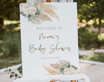 Greenery Pampas Welcome Sign Template, Baby Shower Bridal Shower, Sage Green, Boho Instant Download Editable Template, Templett