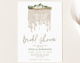 Boho bridal shower Invitation, Instant Download Template, Bohemian Greenery, Printable, Macrame Invite, Templett