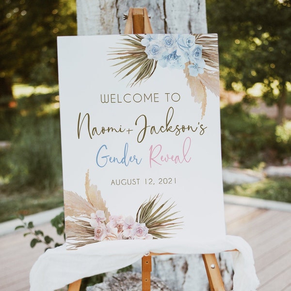 Gender Reveal Welcome Sign Template, Pampas Grass, Boho Baby Reveal Party, He or she, Signage, Digital Download, 18x24, 24x36, Templett