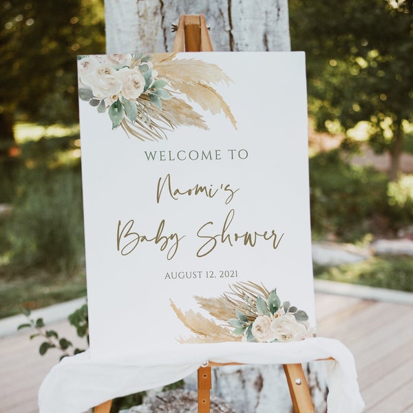 Greenery Pampas Welcome Sign Template, Baby Shower Bridal Shower, Sage Green, Boho Instant Download Editable Template, Templett