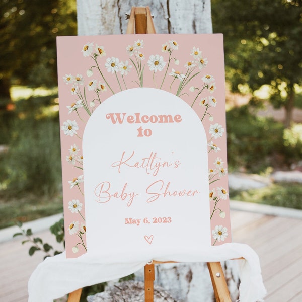 Daisy Welcome Sign, Baby in Bloom, Girl Baby Shower, Bridal Shower, Instant Download Template, Pink, Signage, Daisies, Templett