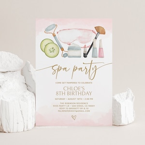 Spa Birthday Invitation girl, Spa Day Pamper Party, Digital Download Invite, Glam, Sleepover Bday, Editable Template, Templett s1