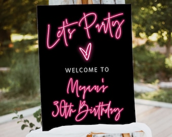 Neon "Let's Party" Welcome Sign, Hot Pink Birthday Template (Digital Download)