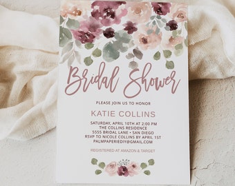 Dusty Rose Bridal Shower Invitation, Mauve Invites, Pink Floral Spring Editable Invitations, Template, Digital Download, Templett