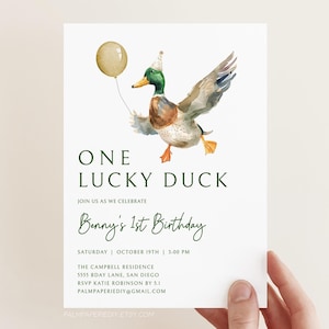 One Lucky Duck Invitation Template, Mallard Duck 1st Birthday Invite, Editable Digital Download