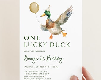 One Lucky Duck Invitation Template, Mallard Duck 1st Birthday Invite, Editable Digital Download
