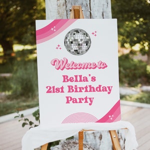 Lets Disco Birthday Welcome Sign Template, Hot Pink, Digital Download, Groovy Retro, Printable, Templett