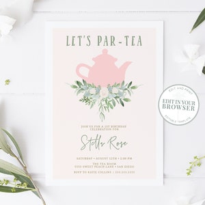 Tea Party Birthday Invitation, Printable, ParTea, 1st Bday Invite, Tea for Two, Instant Download, Templett