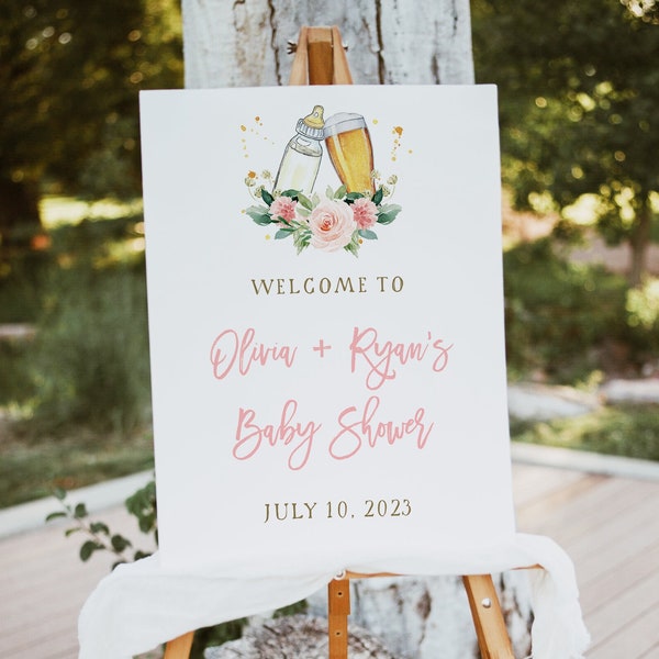 Baby is brewing Welcome Sign Template,  Girl Baby Shower, Beer Brewery Theme, Editable Download, Templett,