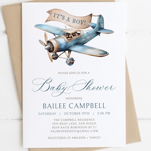 Airplane Baby Shower Invite Boy, Plane invitation template, Up up and away, Digital Download