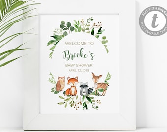 Woodland Welcome Sign, EDITABLE, diy, Greenery Boy, Gender Neutral, Instant Download, templett