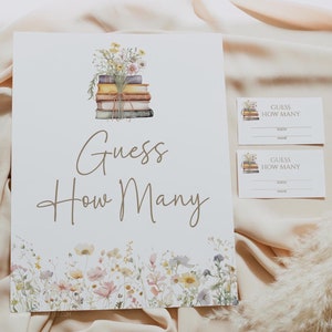 May include: A printable "Guess How Many" game with a stack of books and flowers. The game includes two cards with spaces to write in a guess and name.