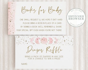 Over the Moon Baby Shower Books for Baby, Diaper Raffle, Instant Download Template, Moon Stars, Girl, Templett