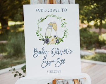 Sip and See Welcome Sign Template, Editable Baby Shower Decor (Digital Download)