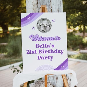 Purple Disco Birthday Welcome Sign Template, Digital Download, Groovy Retro Theme, Printable, Templett