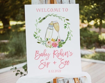 Girl Baby Shower Sip and See Welcome Sign, Editable Template (Instant Download)